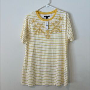 Lane Bryant Yellow and White Striped T-Shirt with Embroidery